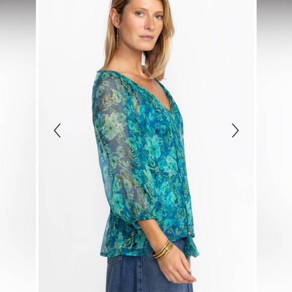 Johnny Was Sheer Blue Green 3/4 Sleeve Blouse - Picture 3 of 16